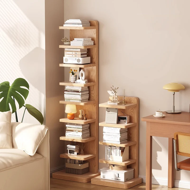 Traditional Japanese Rubber Wood Corner Bookshelves 5/9-Tier Standing Shelves For Study