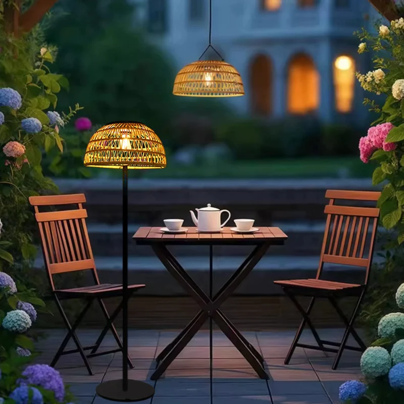 Traditional Rustic Waterproof Solar Mushroom Iron Rubber Rattan Weaving USB Outdoor LED Standing Floor Lamp For Garden