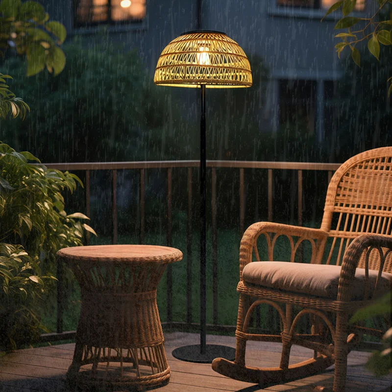 Traditional Rustic Waterproof Solar Mushroom Iron Rubber Rattan Weaving USB Outdoor LED Standing Floor Lamp For Garden
