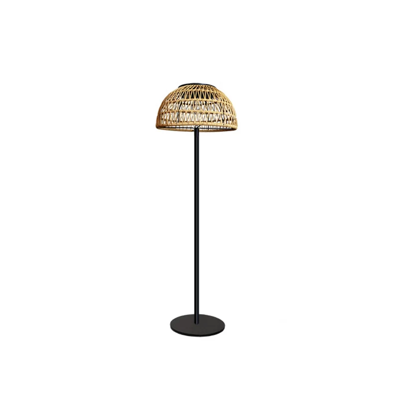 Traditional Rustic Waterproof Solar Mushroom Iron Rubber Rattan Weaving USB Outdoor LED Standing Floor Lamp For Garden