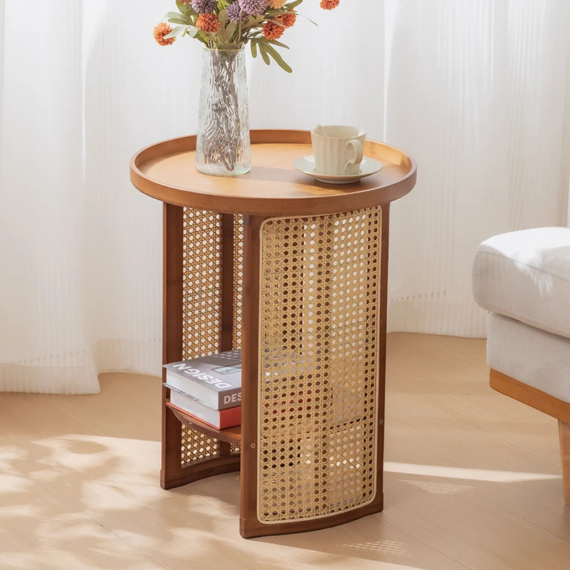Traditional Chinese Bamboo Wood Woven Round End Table 2-Tier For Living Room