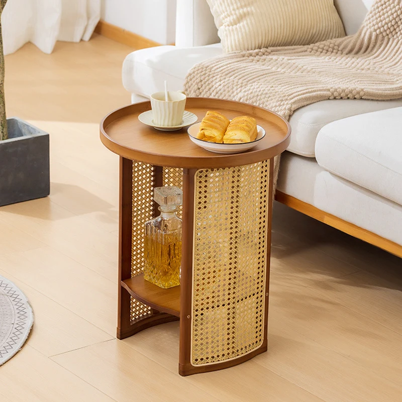 Traditional Chinese Bamboo Wood Woven Round End Table 2-Tier For Living Room