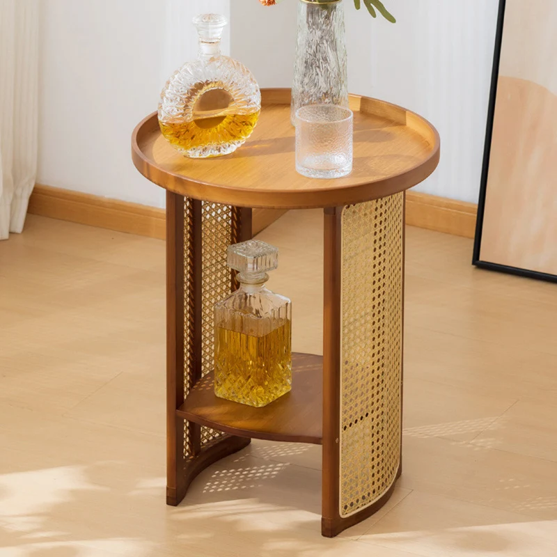 Traditional Chinese Bamboo Wood Woven Round End Table 2-Tier For Living Room