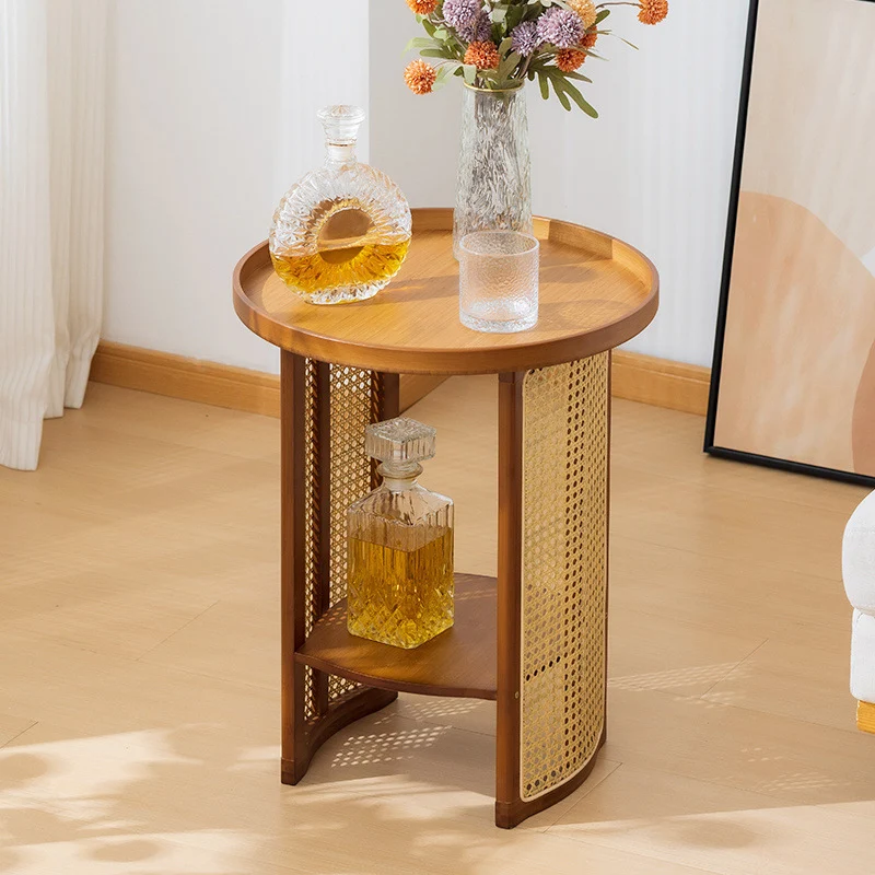 Traditional Chinese Bamboo Wood Woven Round End Table 2-Tier For Living Room