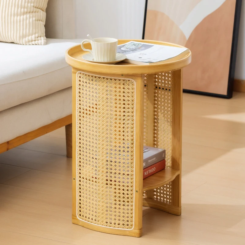 Traditional Chinese Bamboo Wood Woven Round End Table 2-Tier For Living Room
