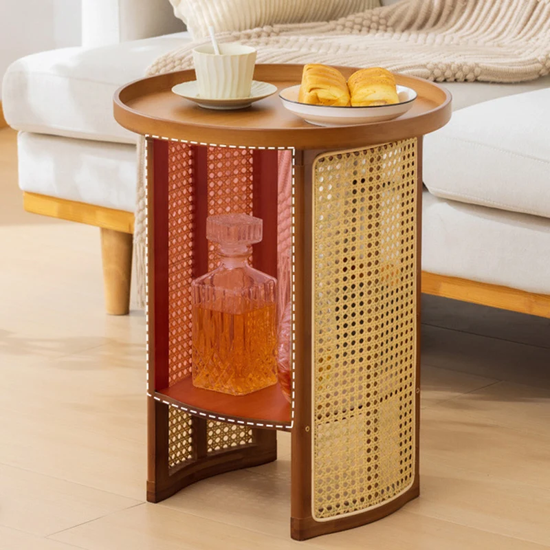 Traditional Chinese Bamboo Wood Woven Round End Table 2-Tier For Living Room