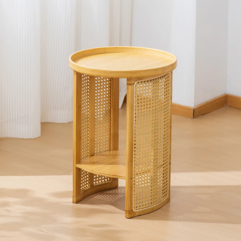 Traditional Chinese Bamboo Wood Woven Round End Table 2-Tier For Living Room