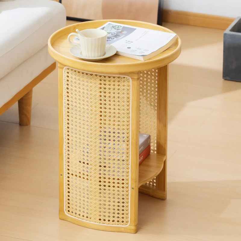 Traditional Chinese Bamboo Wood Woven Round End Table 2-Tier For Living Room