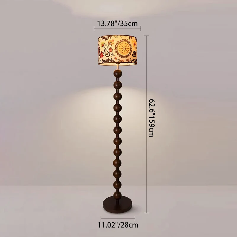 Traditional Vintage Wood & Fabric Round 1-Light Standing Floor Lamp For Bedroom & Living Room