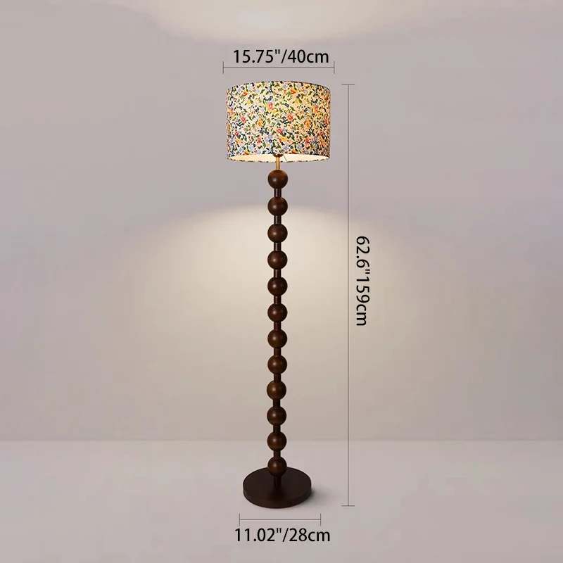 Traditional Vintage Wood & Fabric Round 1-Light Standing Floor Lamp For Bedroom & Living Room