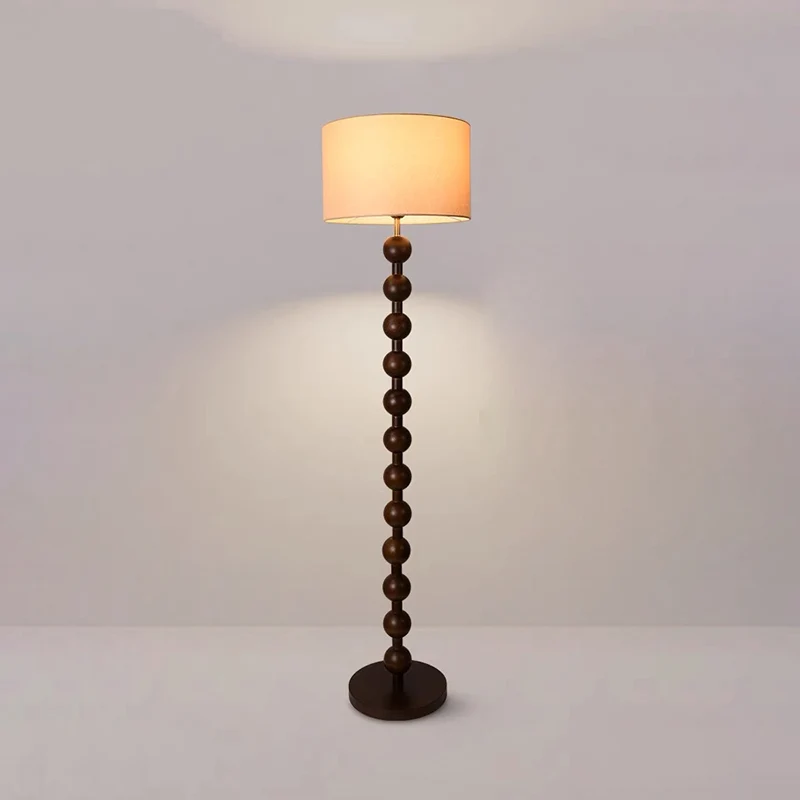 Traditional Vintage Wood & Fabric Round 1-Light Standing Floor Lamp For Bedroom & Living Room