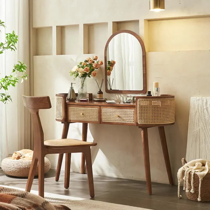 Contemporary Retro Oblong Ash Wood Plywood Indonesian Natural Rattan Weaving Dressing Table 2-Drawer For Bedroom