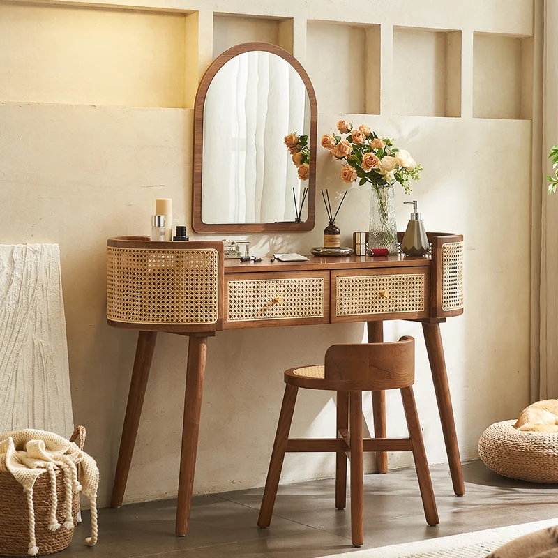 Contemporary Retro Oblong Ash Wood Plywood Indonesian Natural Rattan Weaving Dressing Table 2-Drawer For Bedroom