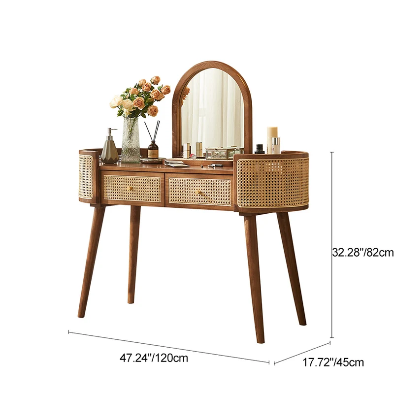Contemporary Retro Oblong Ash Wood Plywood Indonesian Natural Rattan Weaving Dressing Table 2-Drawer For Bedroom