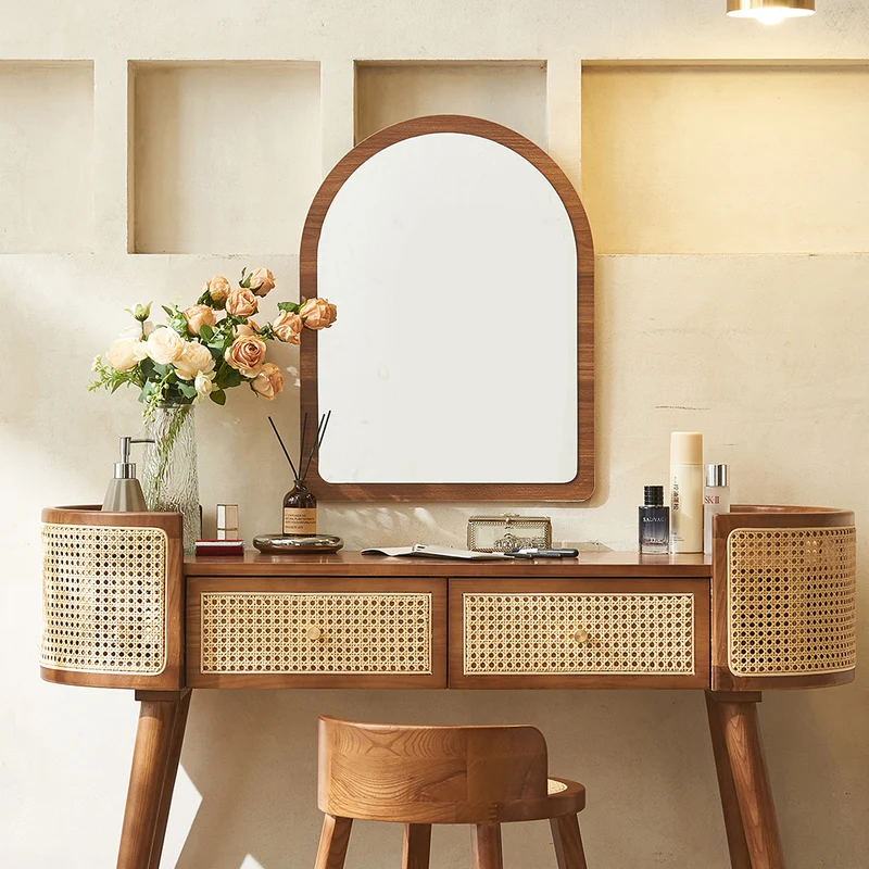 Contemporary Retro Oblong Ash Wood Plywood Indonesian Natural Rattan Weaving Dressing Table 2-Drawer For Bedroom