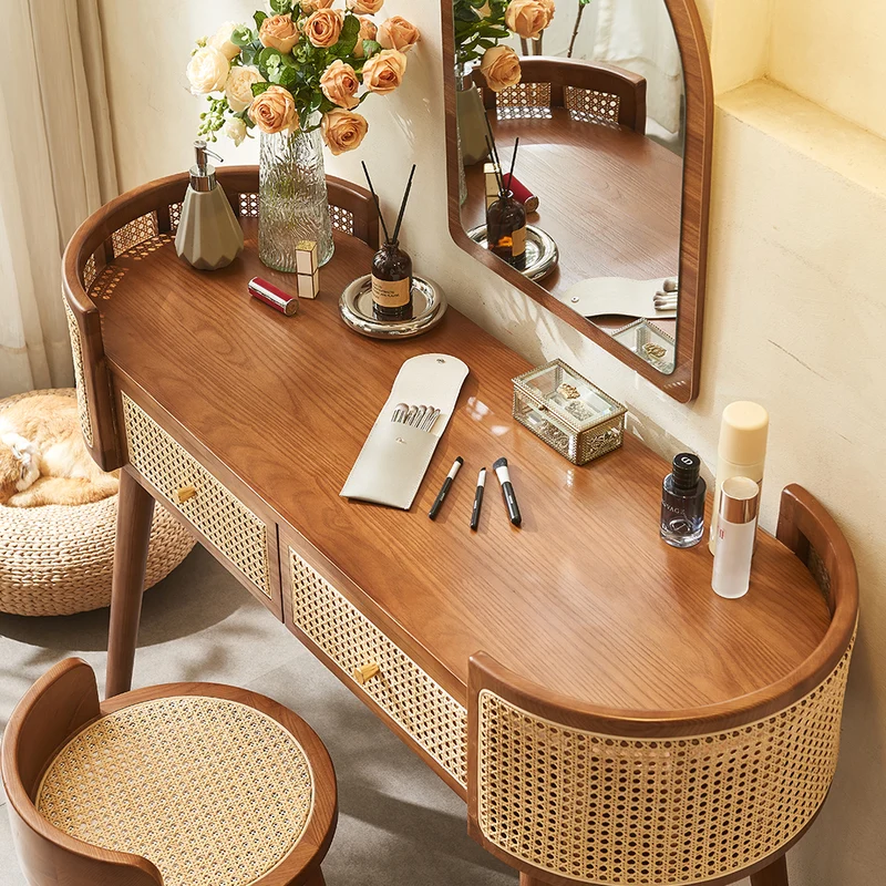 Contemporary Retro Oblong Ash Wood Plywood Indonesian Natural Rattan Weaving Dressing Table 2-Drawer For Bedroom