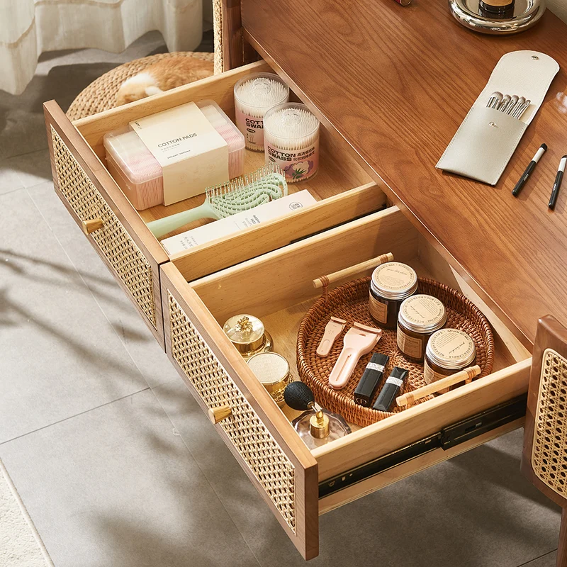 Contemporary Retro Oblong Ash Wood Plywood Indonesian Natural Rattan Weaving Dressing Table 2-Drawer For Bedroom