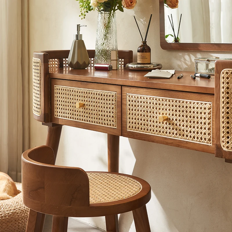 Contemporary Retro Oblong Ash Wood Plywood Indonesian Natural Rattan Weaving Dressing Table 2-Drawer For Bedroom