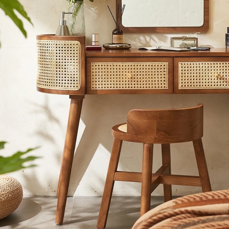 Contemporary Retro Oblong Ash Wood Plywood Indonesian Natural Rattan Weaving Dressing Table 2-Drawer For Bedroom