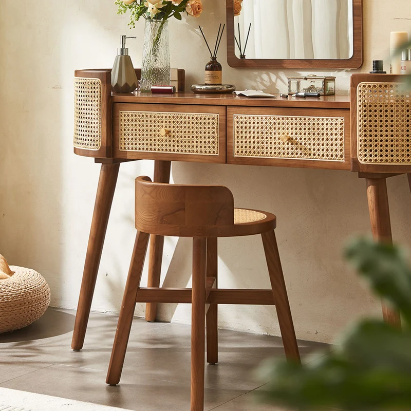 Contemporary Retro Oblong Ash Wood Plywood Indonesian Natural Rattan Weaving Dressing Table 2-Drawer For Bedroom