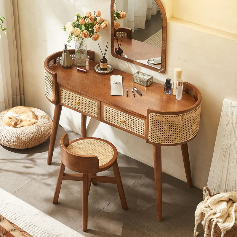 Contemporary Retro Oblong Ash Wood Plywood Indonesian Natural Rattan Weaving Dressing Table 2-Drawer For Bedroom