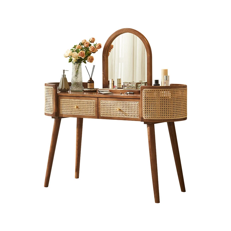 Contemporary Retro Oblong Ash Wood Plywood Indonesian Natural Rattan Weaving Dressing Table 2-Drawer For Bedroom
