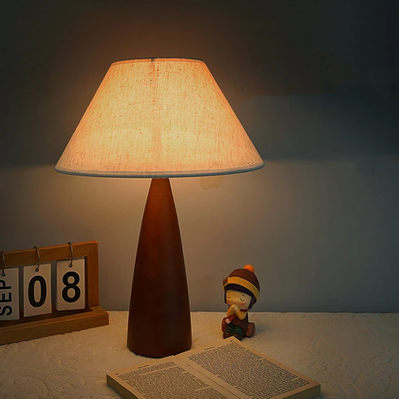 Modern Transitional Conical Fabric Shade Rubberwood Base 1-Light Table Lamp For Bedroom