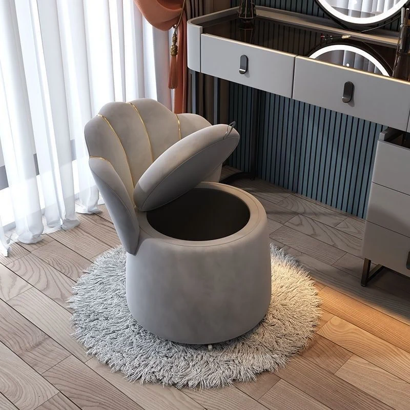 Contemporary Nordic Velvet & Wood Petal-Shaped Round Vanity Stool With 1-Storage For Bedroom & Living Room