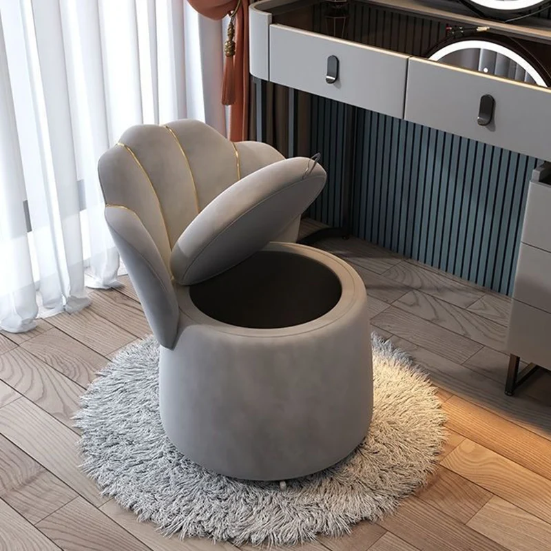 Contemporary Nordic Velvet & Wood Petal-Shaped Round Vanity Stool With 1-Storage For Bedroom & Living Room