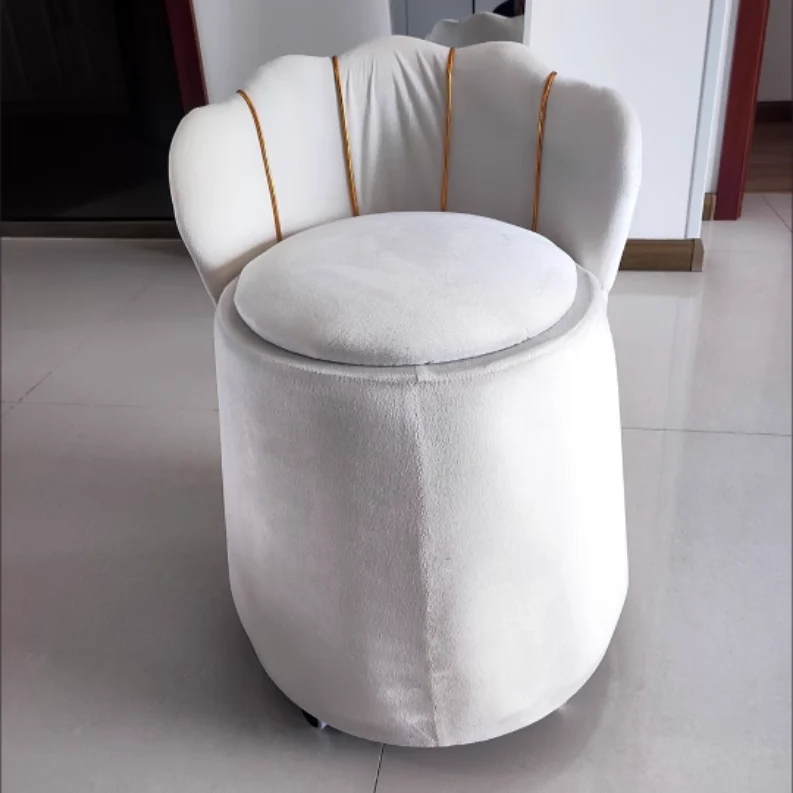 Contemporary Nordic Velvet & Wood Petal-Shaped Round Vanity Stool With 1-Storage For Bedroom & Living Room