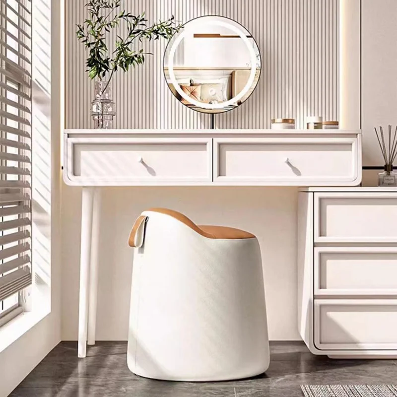 Modern Minimalist Faux Leather & Wood Cylindrical Vanity Stool For Bedroom & Living Room