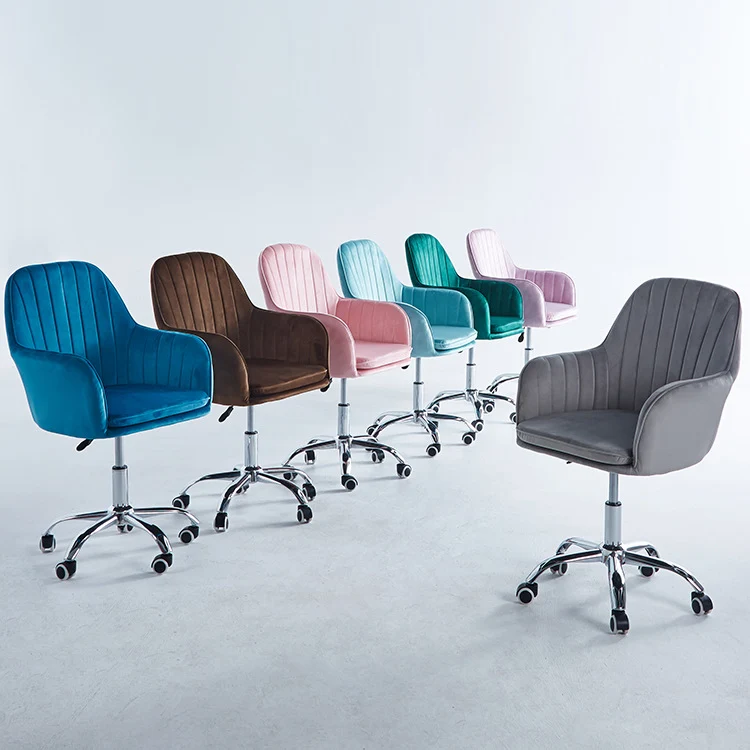 Modern Minimalist Velvet & Metal Square Desk Chair With Swivel & Height Adjustment For Home Office