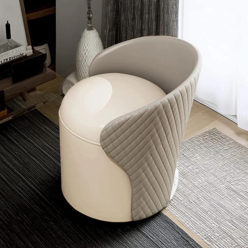 Modern Minimalist PU Leather & Wood Curved Cylinder Vanity Stool With Backrest For Bedroom & Living Room
