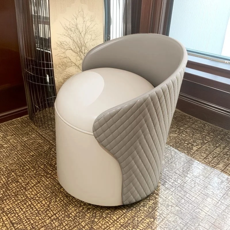 Modern Minimalist PU Leather & Wood Curved Cylinder Vanity Stool With Backrest For Bedroom & Living Room