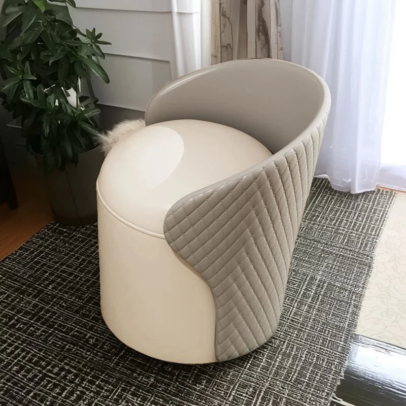 Modern Minimalist PU Leather & Wood Curved Cylinder Vanity Stool With Backrest For Bedroom & Living Room