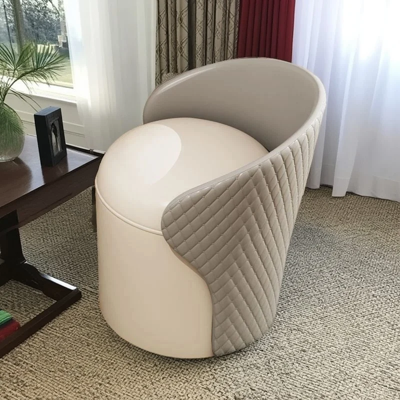 Modern Minimalist PU Leather & Wood Curved Cylinder Vanity Stool With Backrest For Bedroom & Living Room