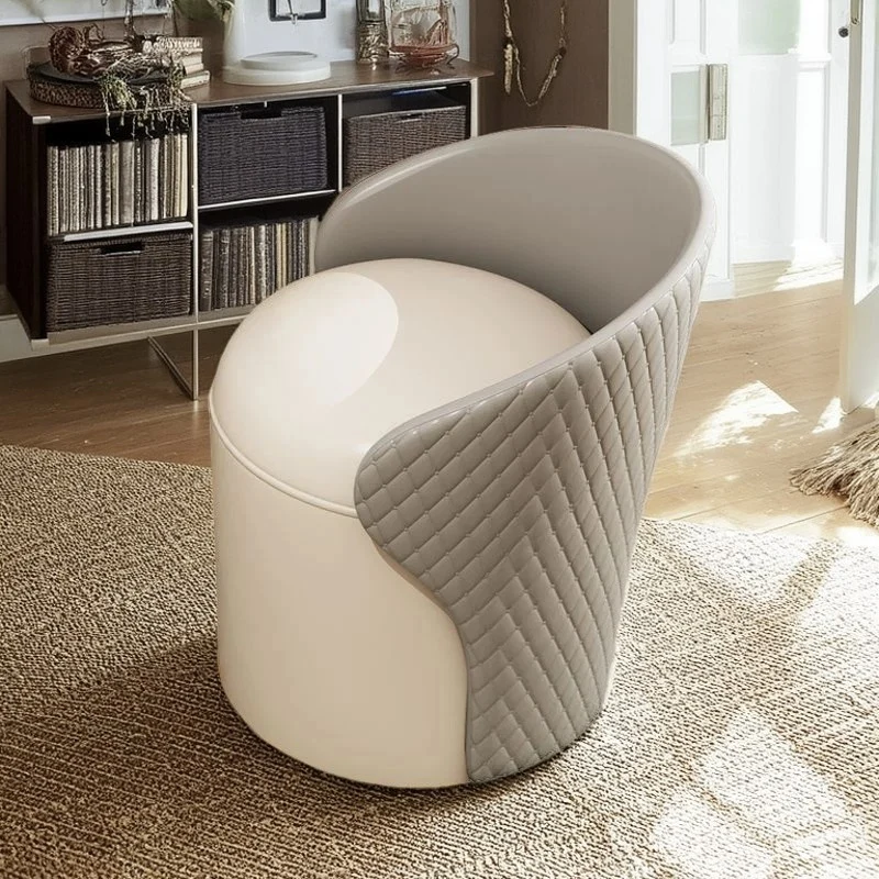 Modern Minimalist PU Leather & Wood Curved Cylinder Vanity Stool With Backrest For Bedroom & Living Room