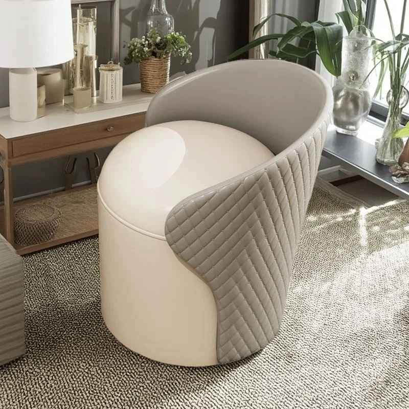 Modern Minimalist PU Leather & Wood Curved Cylinder Vanity Stool With Backrest For Bedroom & Living Room