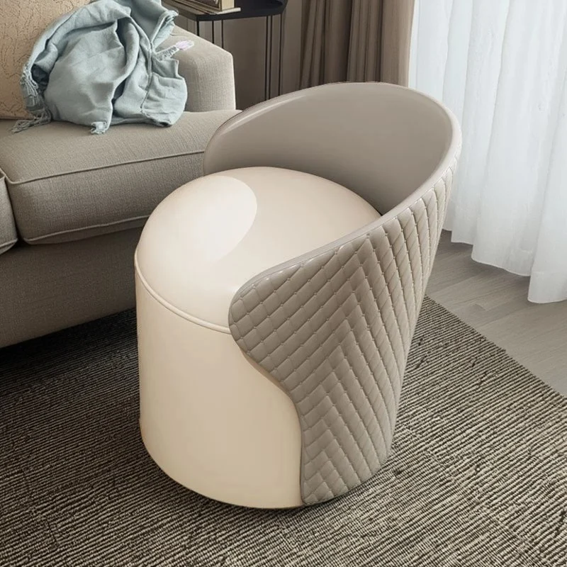 Modern Minimalist PU Leather & Wood Curved Cylinder Vanity Stool With Backrest For Bedroom & Living Room