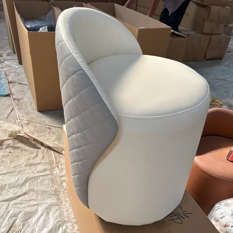 Modern Minimalist PU Leather & Wood Curved Cylinder Vanity Stool With Backrest For Bedroom & Living Room