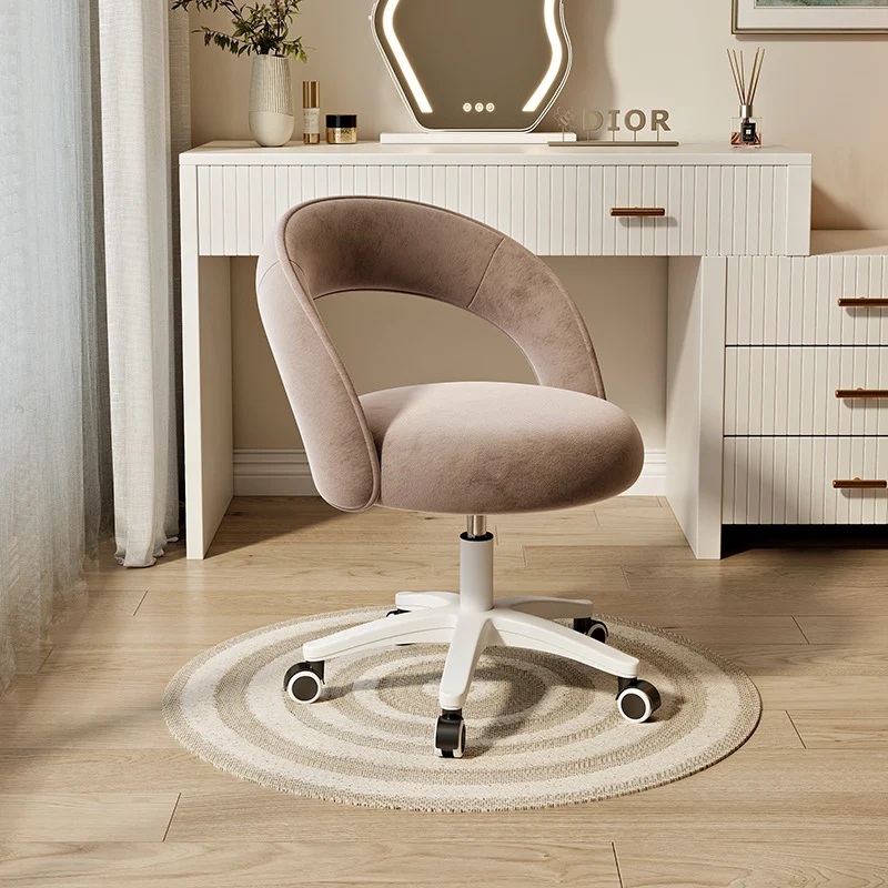 Contemporary Nordic Velvet & Nylon Curved Round Vanity Stool With Swivel & Adjustable Height For Bedroom & Living Room
