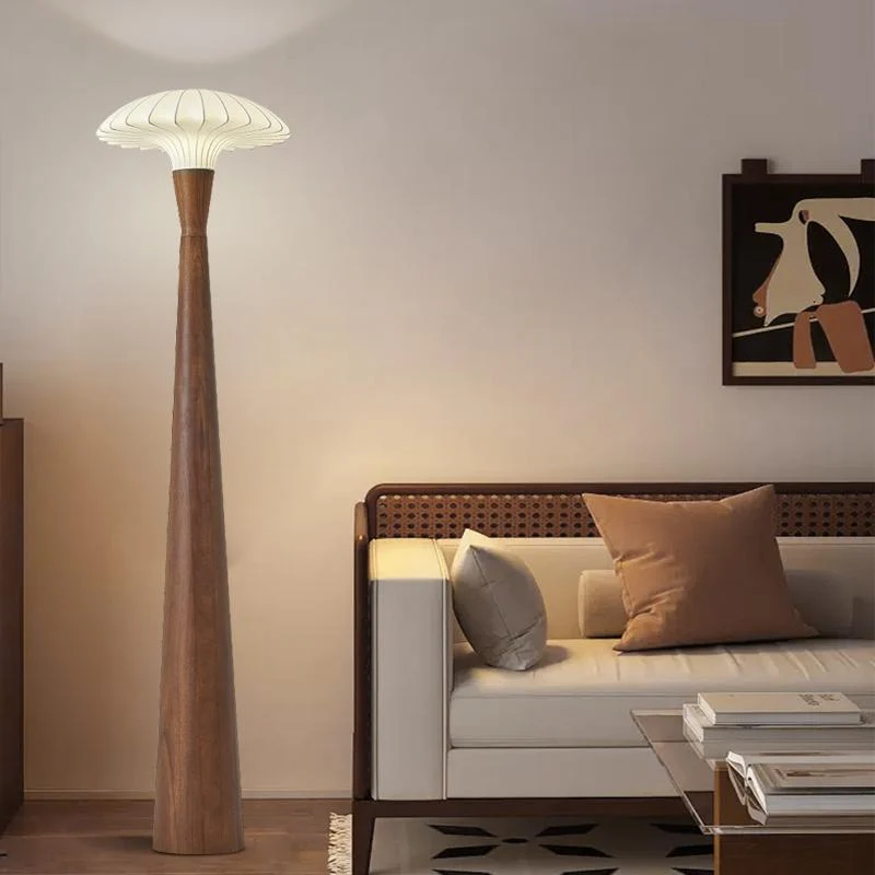 Traditional French Rubberwood Faux Silk Dome Shade 1-Light Standing Floor Lamp For Bedroom & Living Room