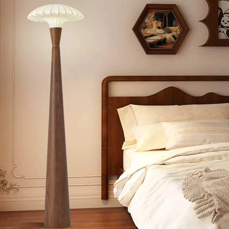 Traditional French Rubberwood Faux Silk Dome Shade 1-Light Standing Floor Lamp For Bedroom & Living Room