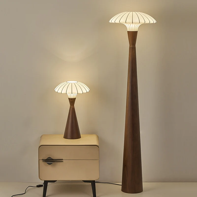 Traditional French Rubberwood Faux Silk Dome Shade 1-Light Standing Floor Lamp For Bedroom & Living Room