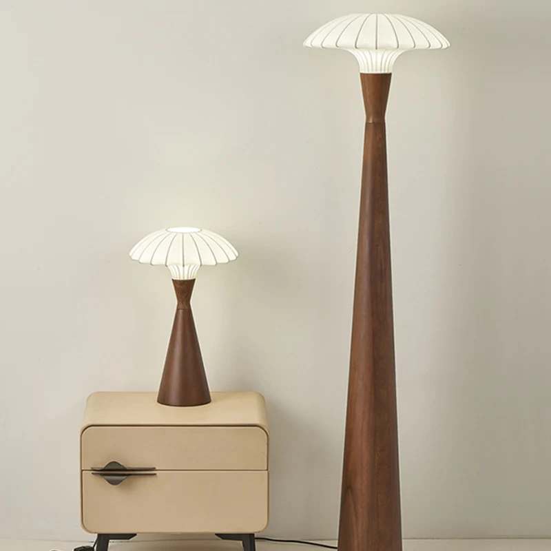Traditional French Rubberwood Faux Silk Dome Shade 1-Light Standing Floor Lamp For Bedroom & Living Room