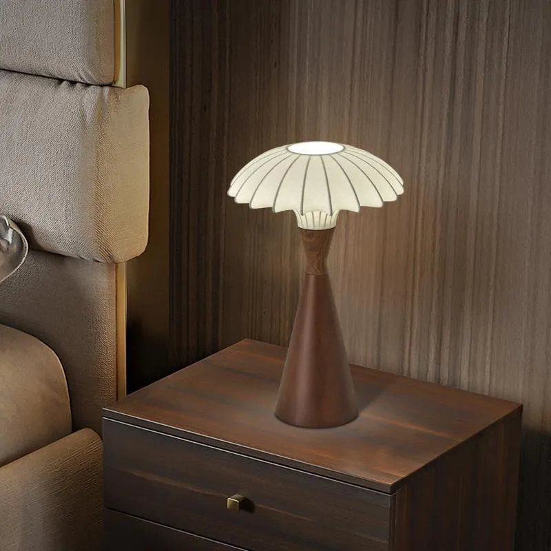 Traditional French Rubberwood Faux Silk Cone-Shaped 1-Light Table Lamp For Bedroom & Living Room