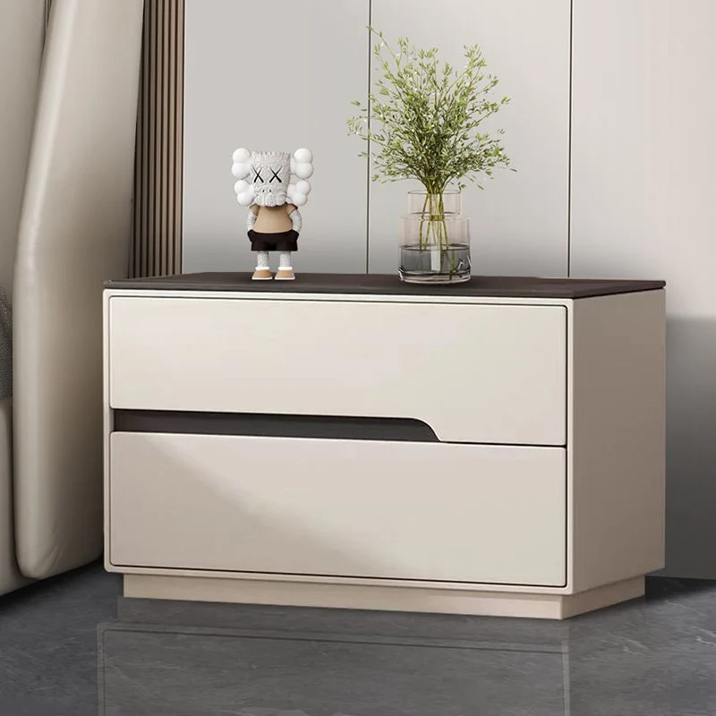 Modern Luxury Sintered Stone Microfiber Leather Solid Wood Rectangular Nightstand 2-Drawer For Bedroom