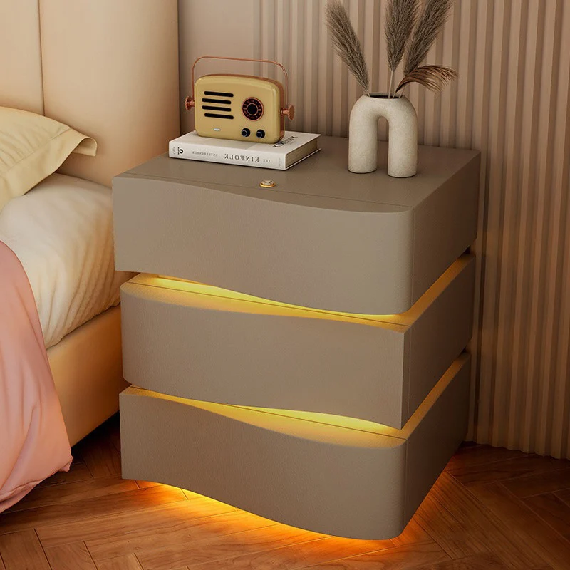 Modern Luxury Solid Wood Faux Leather Curved Square Nightstand 3-Drawer For Bedroom