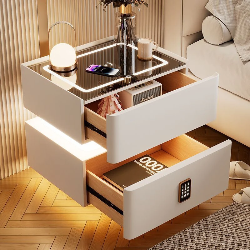 Modern Luxury Sintered Stone Tempered Glass Microfiber Leather MDF Rounded Nightstand 2-Drawer For Bedroom