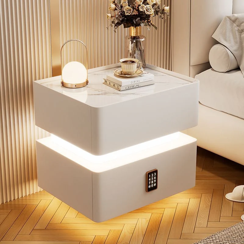 Modern Luxury Sintered Stone Tempered Glass Microfiber Leather MDF Rounded Nightstand 2-Drawer For Bedroom